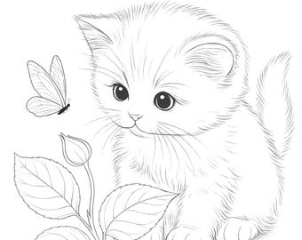 Cute Kitten & Butterfly Coloring Page – 300 DPI JPEG Digital Download