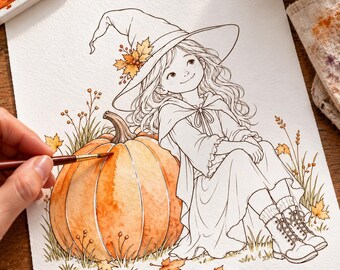 Hexe und Kürbis – Aquarell-Malvorlage mit Malvorlage | Herbstliche Linienzeichnung zum Ausdrucken | Aquarellvorlage