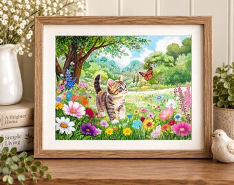 Originale Katzenzeichnung „Auf der Wildblumenwiese“, farbenfrohe Illustration von Katze und Schmetterling mit Blumen, 8,5 x 11 Zoll, handgezeichnet