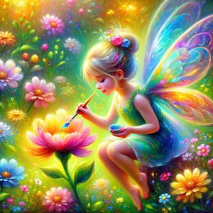 Fée lunatique peinture fleurs - impression d&#39;art fantastique magique, décor de forêt enchantée, téléchargement numérique, art féerique fantastique, artiste féerique