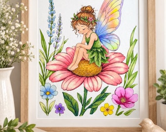 Ein stiller Moment im Feengarten – Originale, handgefertigte Feenillustration, verspieltes Blumenbild für die Wand, 8,5 x 11 Zoll