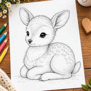 May include: A black and white line art illustration printed on a rectangular sheet of paper, depicting a young deer with large eyes, pointed ears, and a spotted back, shown in a resting position with its legs tucked underneath its body.
