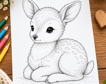 Cute Fawn Coloring Page Printable, Sweet Spotted Baby Deer, Woodland Animal Instant Digital Download