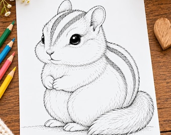 Cute Chipmunk Coloring Page Printable, Fluffy Woodland Animal Coloring Sheet, Instant Digital Download