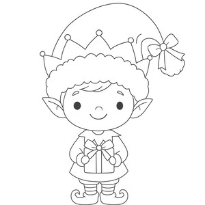 Peut inclure: Illustration en noir et blanc d'un lutin de Noël tenant un cadeau. Le lutin porte un chapeau pointu, une tunique et des chaussures bouclées. Image simple, de style dessin animé, idéale pour les coloriages.