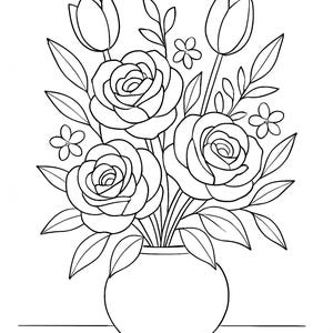 Könnte beinhalten: Eine Schwarz-Weiß-Strichzeichnung eines Blumenarrangements in einer Vase. Das Arrangement umfasst Rosen, Tulpen, kleine Blumen und Blätter. Die Vase ist rund mit einem kleinen Sockel. Dieses Bild eignet sich zum Ausmalen.
