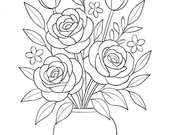 Elegant Flower Vase Coloring Page – Floral Bouquet Line Art Printable | Adult & Kids Coloring Sheet | 300 DPI Digital Download JPEG