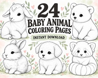 Malbuch mit Tierbabys, 24 druckbare Seiten, sofortiger PDF-Download