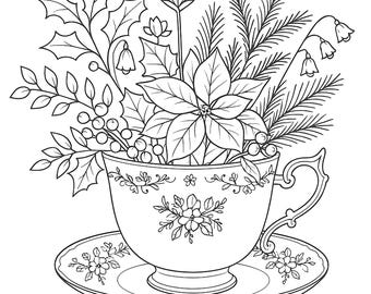 Coloriage floral tasse de thé de Noël - 300 DPI JPEG - élégant dessin au trait des fêtes, tasse de Noël imprimable, tasse de chocolat chaud