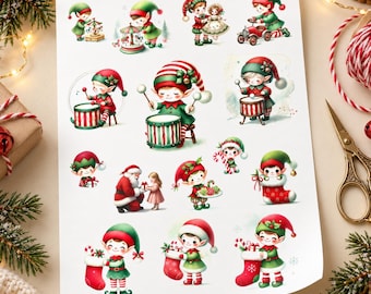 Weihnachtselfen-Aufkleberbögen zum Ausdrucken, 2-seitiges Set mit Weihnachtsmann und Elfen, Aquarell-Weihnachtsaufkleber, Journal- und Scrapbook-Materialien