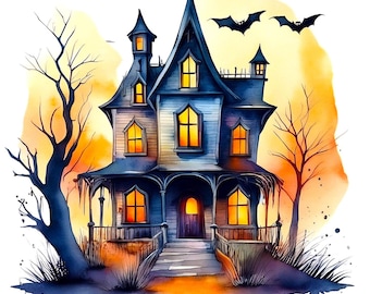 Straszny wydruk cyfrowy na Halloween, nawiedzony dom, dekoracja ścienna do pobrania natychmiast, sztuka na Halloween, urocza sztuka nawiedzonego domu, straszna sztuka
