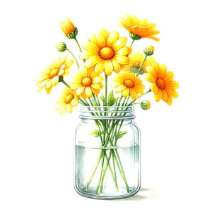 Yellow Daisy Watercolor Print - Digital Download of Flowers in Glass Jar, Yellow floral art print, Yellow print, Yellow flowers in a jar