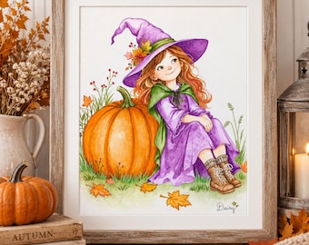 Originales Aquarellgemälde einer Hexe (8x10 Zoll), verspielte Herbstkunst, niedliche Halloween-Wanddekoration, einzigartiges Herbstkunstwerk