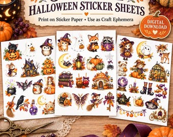 Halloween-Sticker zum Ausdrucken, 3er-Set, Niedliche Herbststicker, Hexen-, Geister- und Kürbis-Cliparts, Junk-Journal-Materialien, Digitaler Download