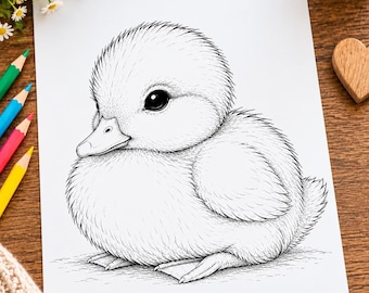 Cute Duckling Coloring Page Printable, Fluffy Baby Duck Coloring Sheet, Spring and Easter Instant Download