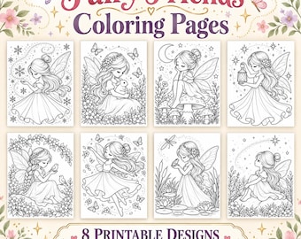 Ausmalbilder mit Feenfreunden, 8 druckbare Feenmotive, 8,5 x 11 PDF