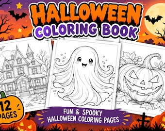 Halloween-Malvorlagen-Paket, 12 niedliche und gruselige Ausmalbilder, druckbare Halloween-Aktivität, Geister, Hexen, Kürbisse, Vampire (PDF)
