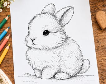 Dibujo para colorear de un conejito adorable para imprimir: dibujo lineal de un conejito bebé esponjoso, hoja para colorear de animales sencilla, conejito de invierno acogedor, 8.5x11 jpeg, pdf y png