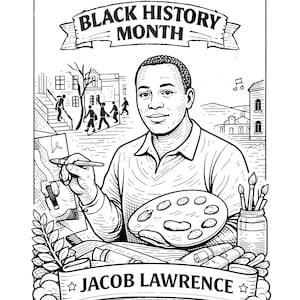 May include: Black and white illustration celebrating Black History Month, featuring a portrait of Jacob Lawrence. The image includes a banner with the text "Celebrating Black History Month" and another banner with the name "Jacob Lawrence".