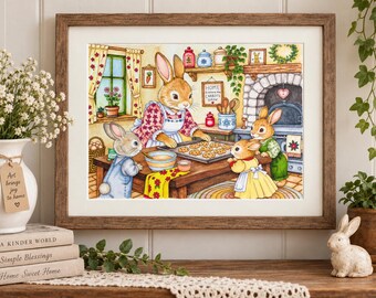 Originalkunstwerk „Backen mit Mama Hase“, handgefertigte Illustration einer Hasenfamilie in der Küche, Wanddekoration im Cottagecore-Stil, 8,5 x 11 Zoll