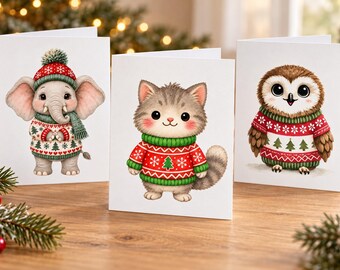 Weihnachtskarten-Kollektion mit Tiermotiven zum Ausdrucken, 25 niedliche Tiere in Weihnachtspullovern, 5,5 x 8,5 Zoll (ca. 14 x 22 cm)