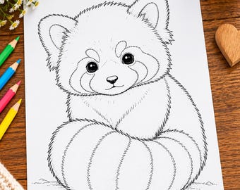 Niedliche Ausmalseite eines Roten Pandas zum Ausdrucken | Waldtier-Digitaldownload