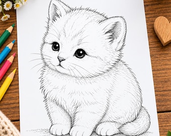 Niedliche Kätzchen-Malvorlage zum Ausdrucken | Flauschige Katze als digitaler Download