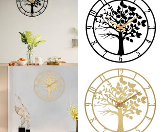 Horloge Murale,Tree Clock,Black Large Wall Clock,Modern Living Room Clock Art, Silent Mid-Century Wall Clock ,Tree of Life Metal Wall Clock