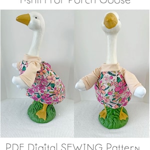 May include: Two images of a white goose statue wearing a pink floral print t-shirt with beige sleeves and a beige ribbed collar. The goose has a yellow beak and is standing on a green base. Text at the top reads "T-shirt for Porch Goose".