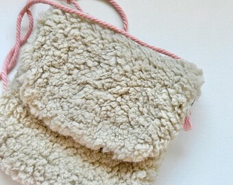 Toddler mini messenger bag, Tan Sherpa fur fabric, Kids purse, Tween crossbody, Shoulder bag. Nature gathering bag, Preschool adventure tote