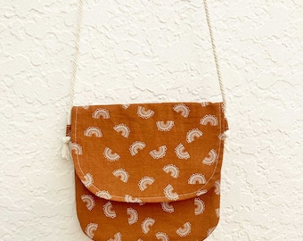 Toddler mini messenger bag, Kids purse, Tween crossbody bag, Rainbow fabric, Homeschool Preschool Gathering nature and adventure bag