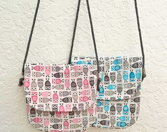Kids purse, Toddler mini messenger bag, Teen crossbody bag, Blue Pink owl fabric, Preschool shoulder bag. Girls, Boys nature scavenger bag