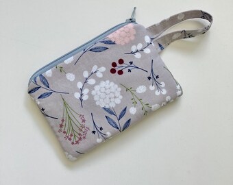 Gray coin purse, Mini Zipper Pouch, Floral zipper bag, edeenut, Wallet, Change purse, jewelry bag, essential oil bag, Airpod bag,Card holder