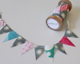 Gray /Pink /Teal / turquoise fabric mini bunting spool / ribbon for wrapping packages. Party garland. Birthday cake stand bunting. wedding