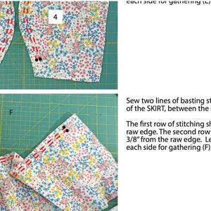 May include: Diagram of fabric pieces with floral patterns, labeled with numbers and letters. Instructions detail basting stitches along the skirt's top edge, specifying distances from the raw edge in inches. The image is on a green cutting mat.