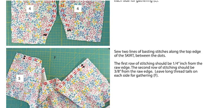 May include: Diagram of fabric pieces with floral patterns, labeled with numbers and letters. Instructions detail basting stitches along the skirt's top edge, specifying distances from the raw edge in inches. The image is on a green cutting mat.