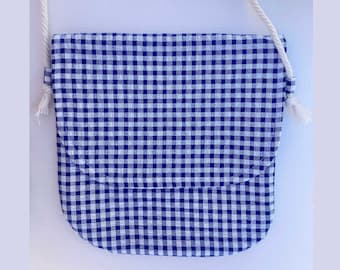 Toddler mini messenger bag, Kids purse, Tween crossbody bag, Blue Seersucker fabric, Homeschool Preschool Gathering nature and adventure bag