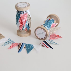 Patriotic bunting, red white blue, Vintage fourth of July mini spool, bunting, cake topper, dessert table decor, stars stripes, americana