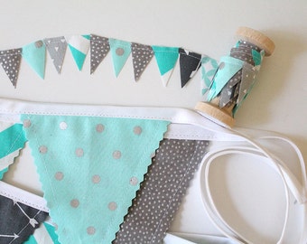 Teal, Gray, Blue, Aqua Mix. Baby boy bunting shower birthday.  Fabric Cake Mini Bunting. Wooden Spool of Ribbon for gift wrapping.