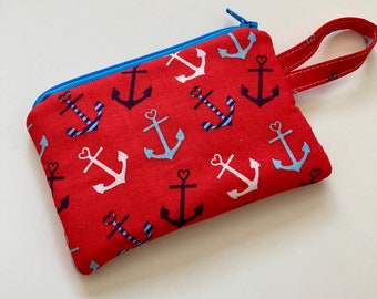 Zipper Pouch, Mini, edeenut Red coin purse, Anchor, Nautical bag, Wallet, Change purse, jewelry bag, essential oil bag, credit card bag