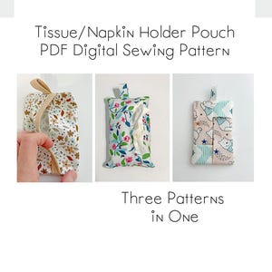 Puede incluir: Imagen de un patrón de costura digital PDF para bolsas de soporte de pañuelos/servilletas. La imagen muestra tres patrones de tela diferentes: floral, oso y un patrón con flores marrones y beige. El texto dice "Three Patterns in One."