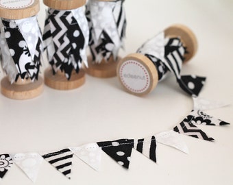 Black White Bunting. Fabric Ribbon for gift wrapping. Custom cake top. diy planning. graduation party, dad birthday, cake smash. Balloon tie