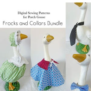 May include: Digital sewing patterns for porch goose frocks and collars bundle. The image shows several white goose statues wearing various fabric outfits, including dresses, bonnets, and bow ties. The outfits are in various colors and patterns, such as green gingham and blue floral.