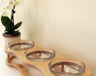 Triple Ring Elevated Feeder with Glass Bowls (3x300ml) - Wooden Feeder for cats and small dogs.