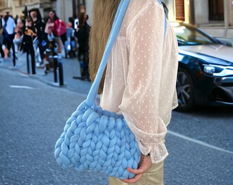 Summertime occasional fashion forward soft knitted shoulder bag choice of colours pink, blue and grey