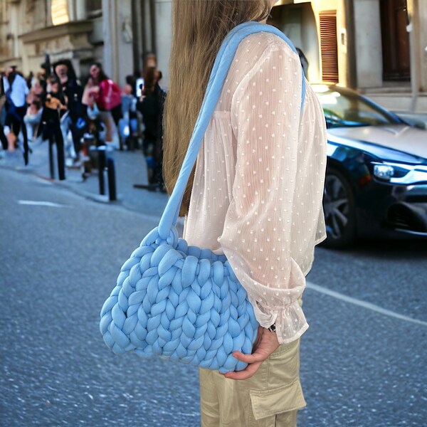 Summertime occasional fashion forward soft knitted shoulder bag choice of colours pink, blue and grey