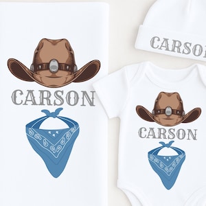Personalized Cowboy Baby Outfit Set, Custom Name Bodysuit, Swaddle & Hat, Western baby Shower Gift, Newborn Boy Coming Home Outfit
