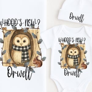 Personalized Owl Baby Gift Set – “Whooo’s New?” Newborn Bodysuit, Hat & Blanket – Woodland Animal Outfit for Fall or Baby Shower, Photo Prop