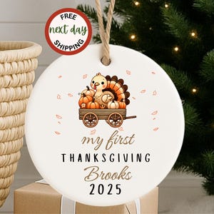 Baby’s First Thanksgiving Ornament 2025 – Personalized Fall Turkey Wagon Keepsake for Newborns