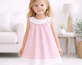 Pink Gingham Toddler Dress with White Trim – Girls Easter Dress, Spring Party Outfit, Classic A-Line Summer Dress